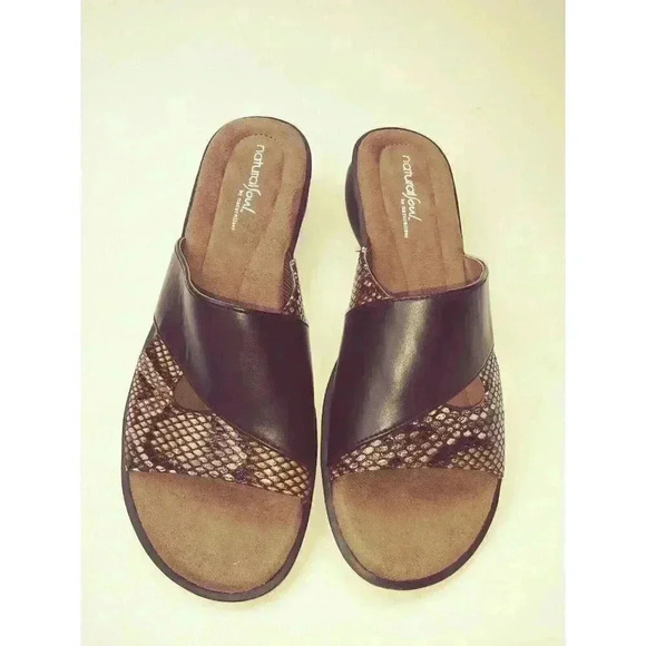 Sandals, NATURALSOUL, by Naturalizer, black/animal print, 1" wedge, 9.5M - Picture 1 of 9